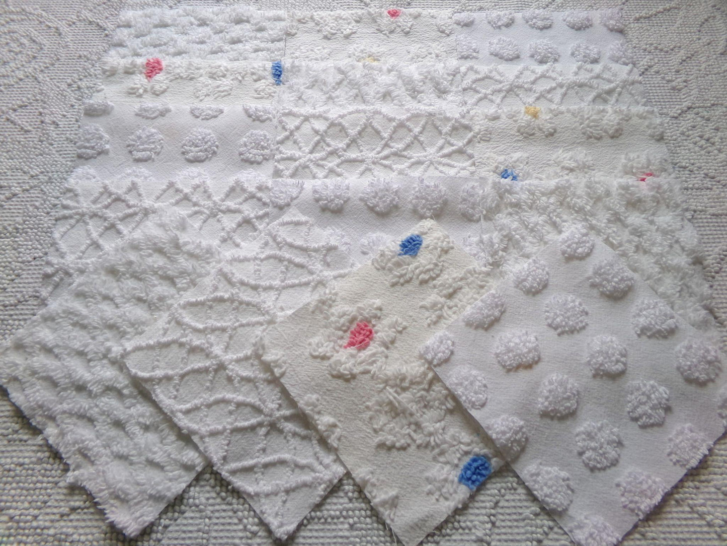 winter whimsy white chenille fabric squares, 16 vintage 6" x 6" quilt blocks, pops, webbed, diamond lattice & daisies for sewing, crafts