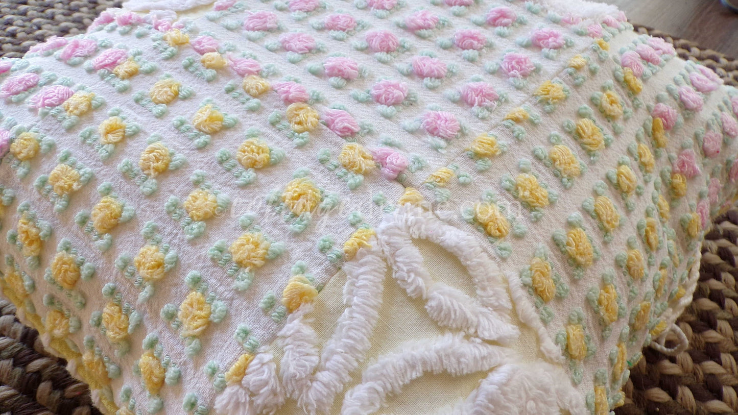 Daisy Rose Romantic Cottage Chenille Pillow Cover 16" x 16" inch Square, REVERSIBLE Accent Pillow, Vintage Shabby Patchwork Design