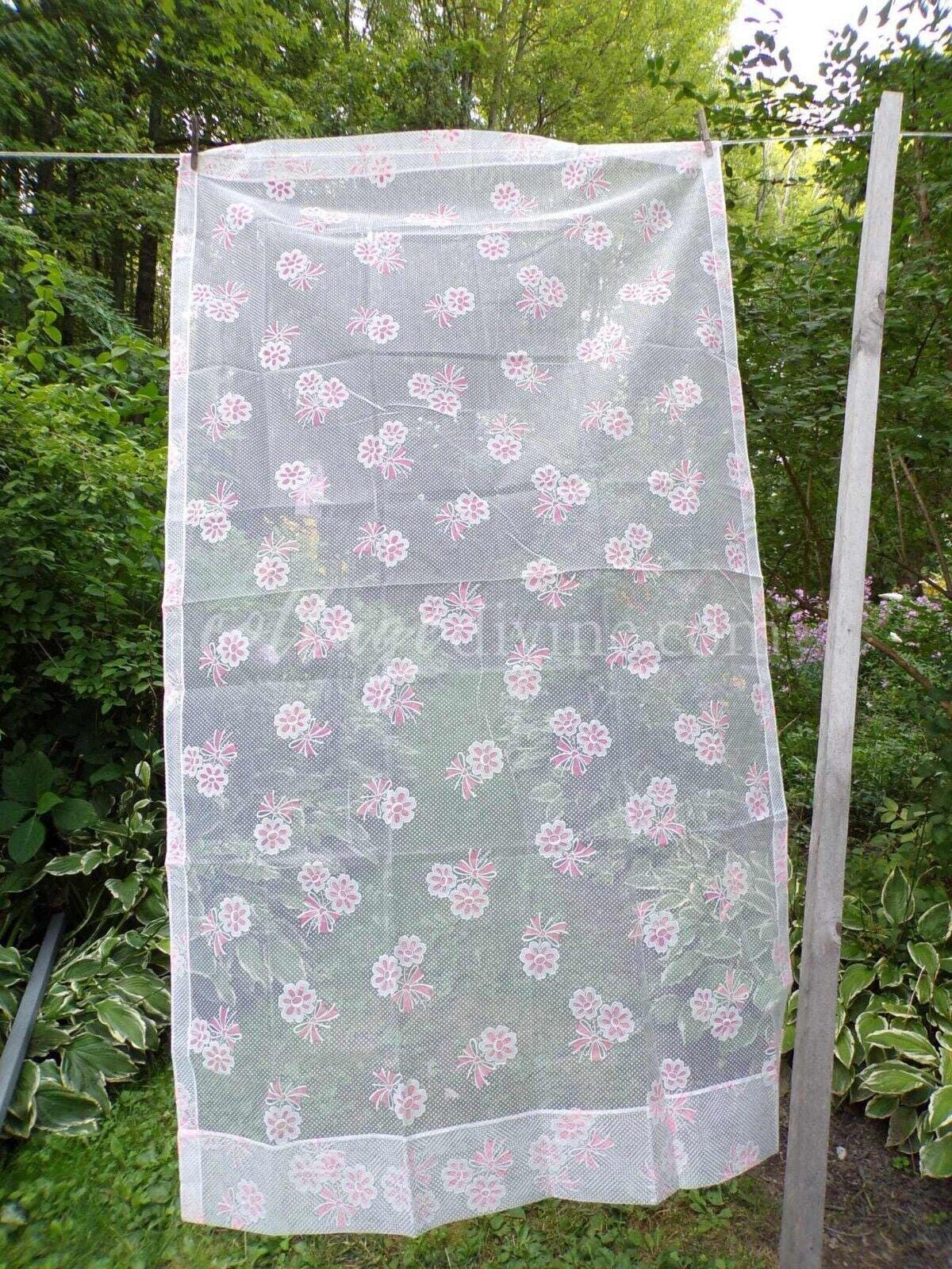 Vintage Flocked Curtain, Petal Pink Daisy & Dot Pattern, SINGLE Sheer Panel, 72"L