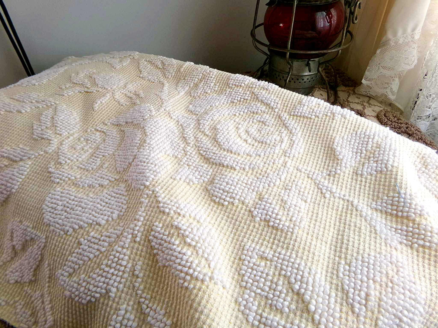 Pastel Yellow & White Cabbage Rose Vintage Woven Chenille Fabric, 24" x 18" inch Piece, Versatile Material in Quilts, Pillows, Tote Bags