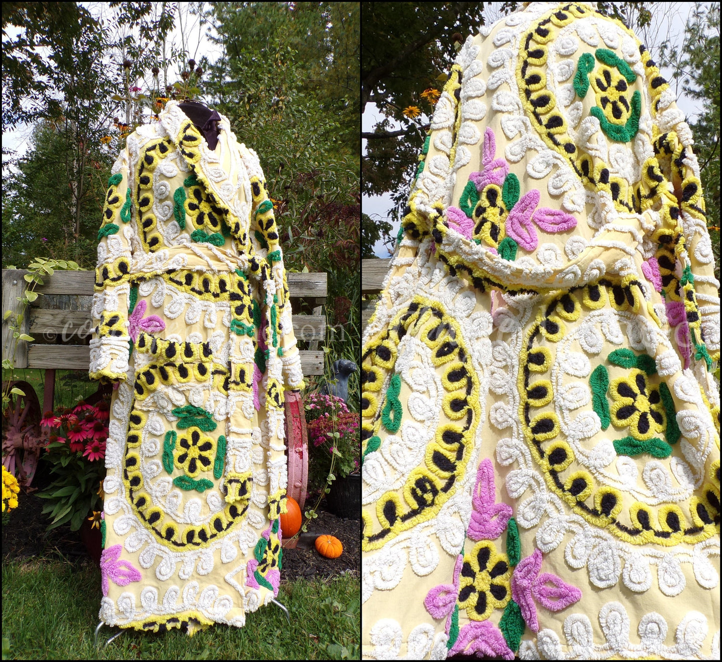 Plus Size Chenille Robe, Rise 'n Shine, XL XXL Bathrobe with Sculpted Cake Frosting Florals in Black & Sunny Yellow, Art to Wear