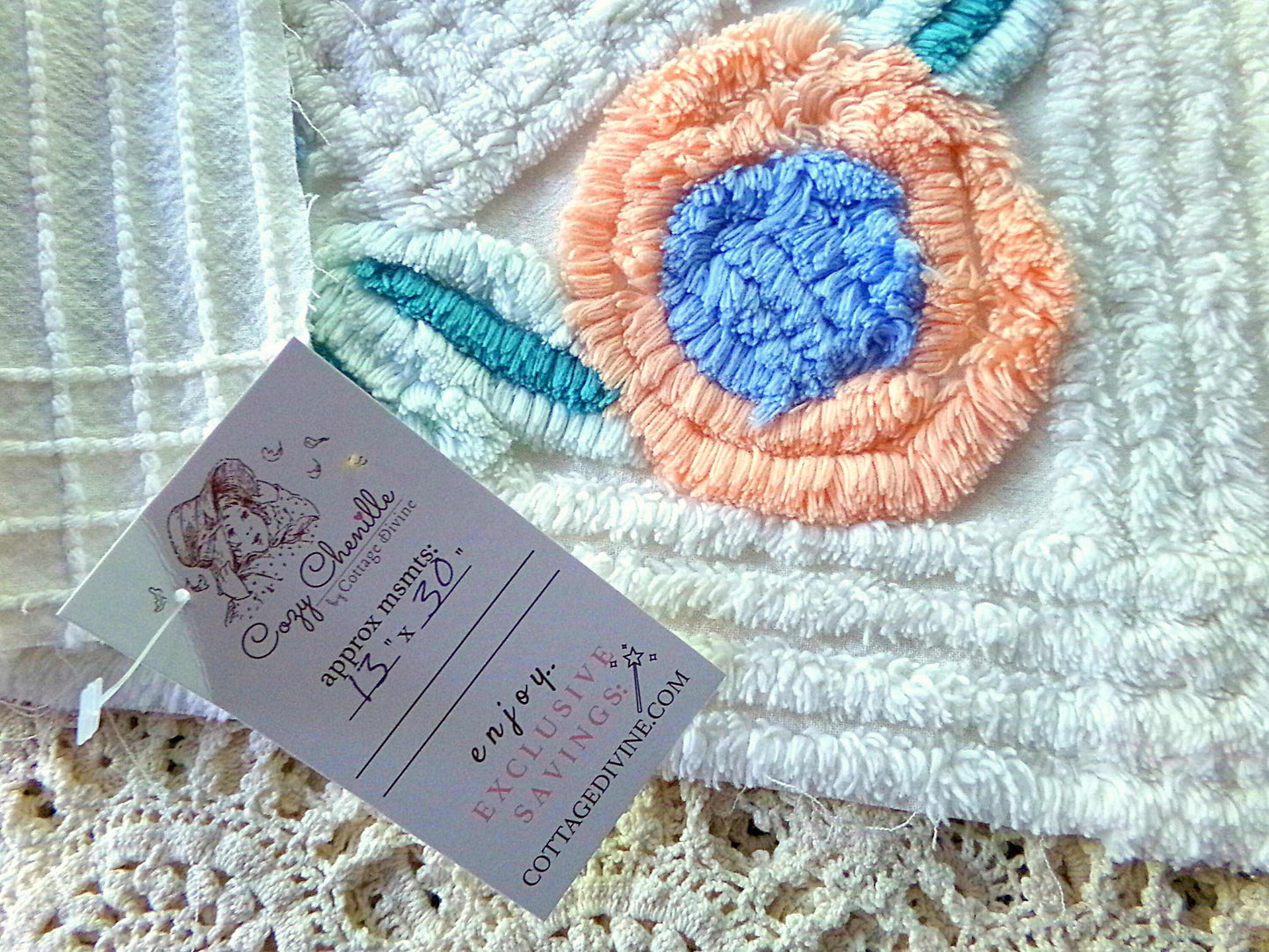 Pretty Vintage Chenille Fabric in Two Tone Blue & Iced Peach Roses on White, 13" x 30" inch Piece, Ideal for DIY Pillow Covers