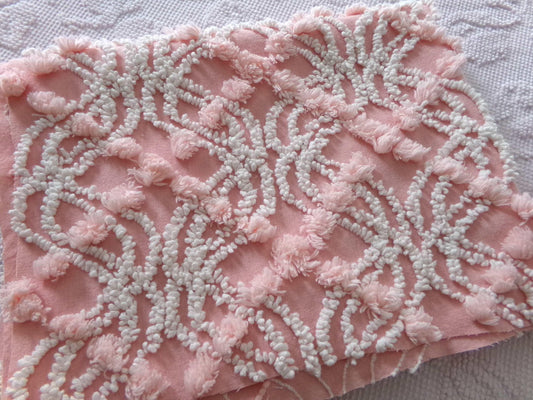 infinity tuft fabric textured pink & white, 18" x 24" piece from a vintage chenille bedspread, popular sewing quilt material