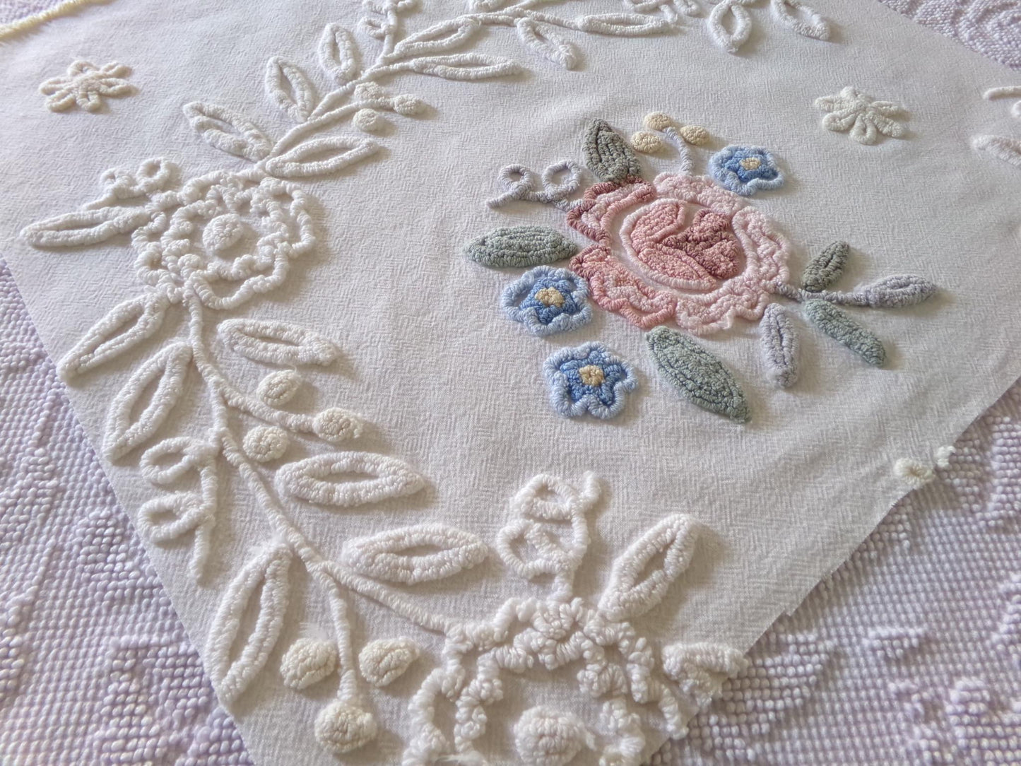 shabby chic chenille fabric, lovely needletuft rose floral design, 21" x 21" inch piece of vintage sewing material great for a pillow cover