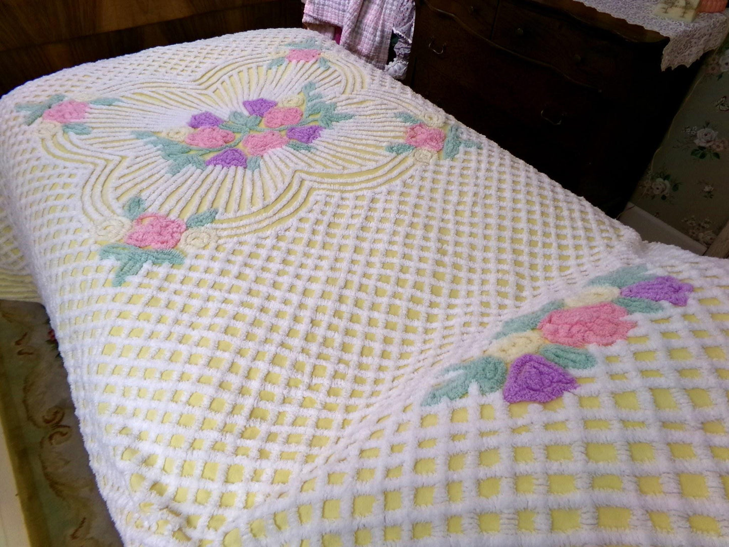 just joyful vintage chenille bedspread in cheery yellow with springtime flowers, full size bedding, 100% quality cotton