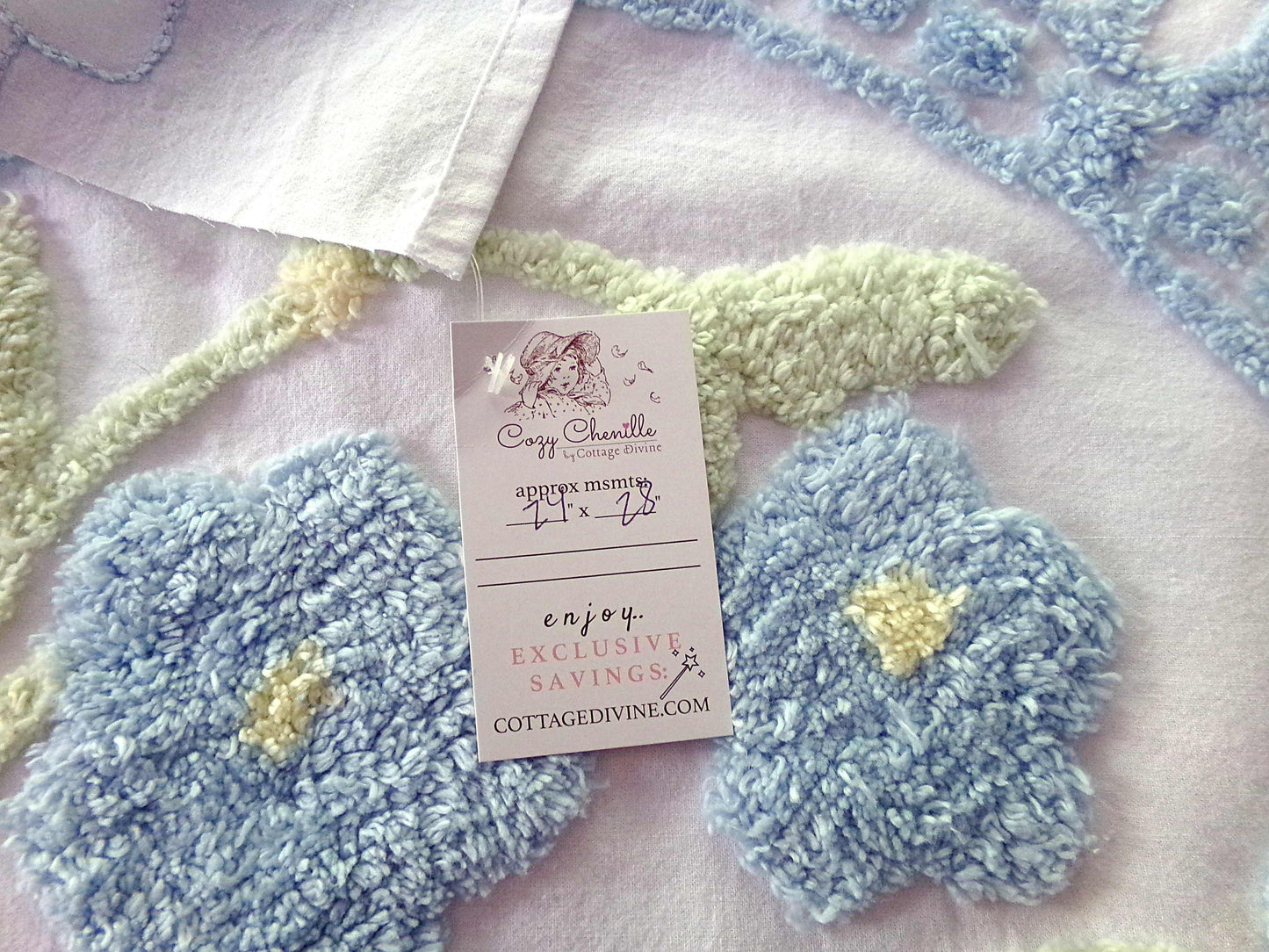 Blooming Blue Flowers Vintage Style Chenille Fabric, 24" x 28" inch Piece, 100% Cotton with Plush Florals, Great for Pillows