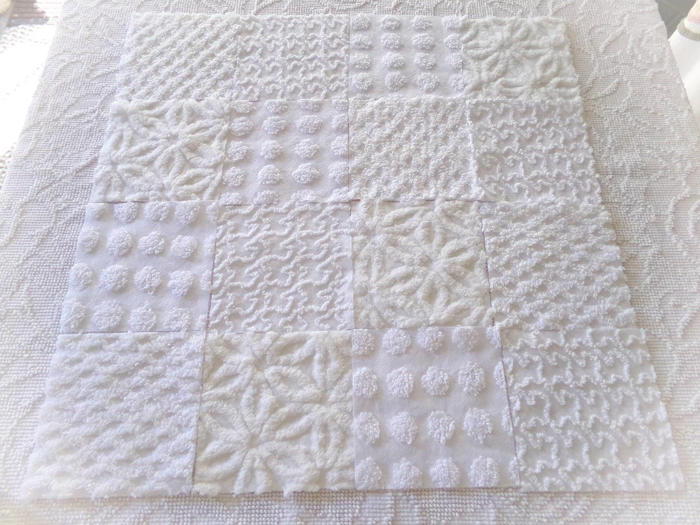 cherub feathers white chenille fabric squares, cut from vintage chenille bedspreads in popular patterns, set of 16 quilt blocks, 6" inch ea