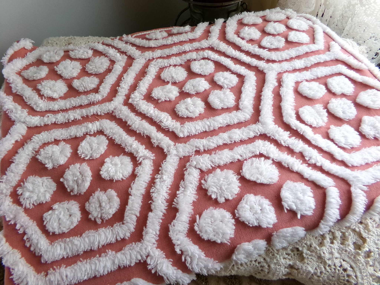 Hippie Hexagon Reversible Vintage Chenille Fabric, Sewing Quilting Material in Boho Style Terracotta & White, 22.5" x 30" inch Piece