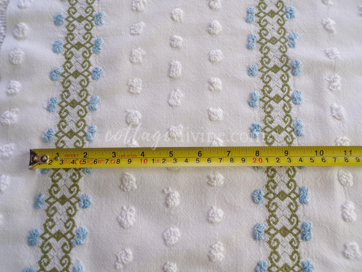 delicate vintage chenille fabric in abstract blue ivy rosebuds & white pops, 26" x 21" inch piece of quilt sewing material
