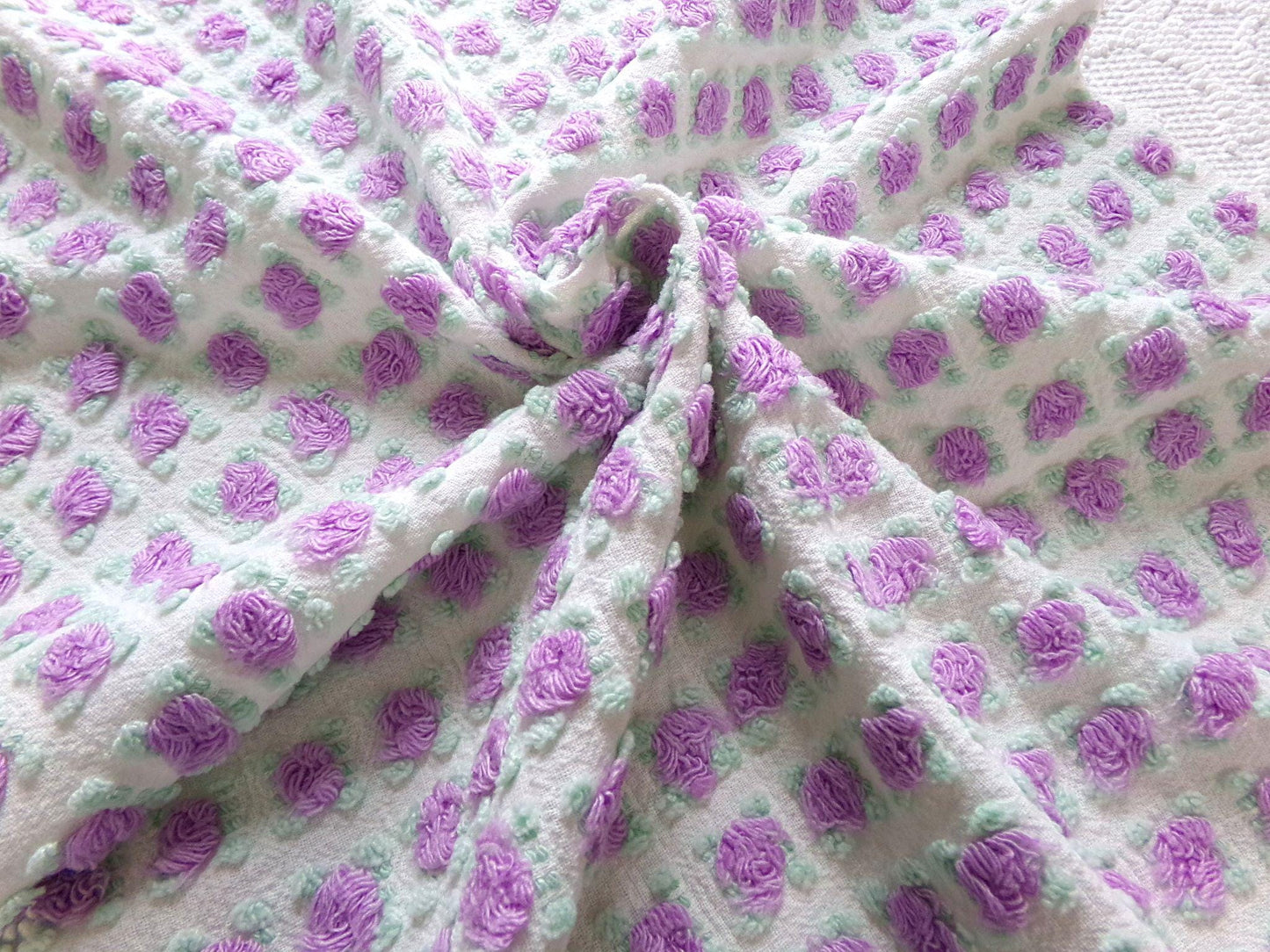 divine amethyst purple rosebud chenille fabric, rare vintage 18" x 25" piece of Morgan Jones sewing material for quilts, pillows, crafts