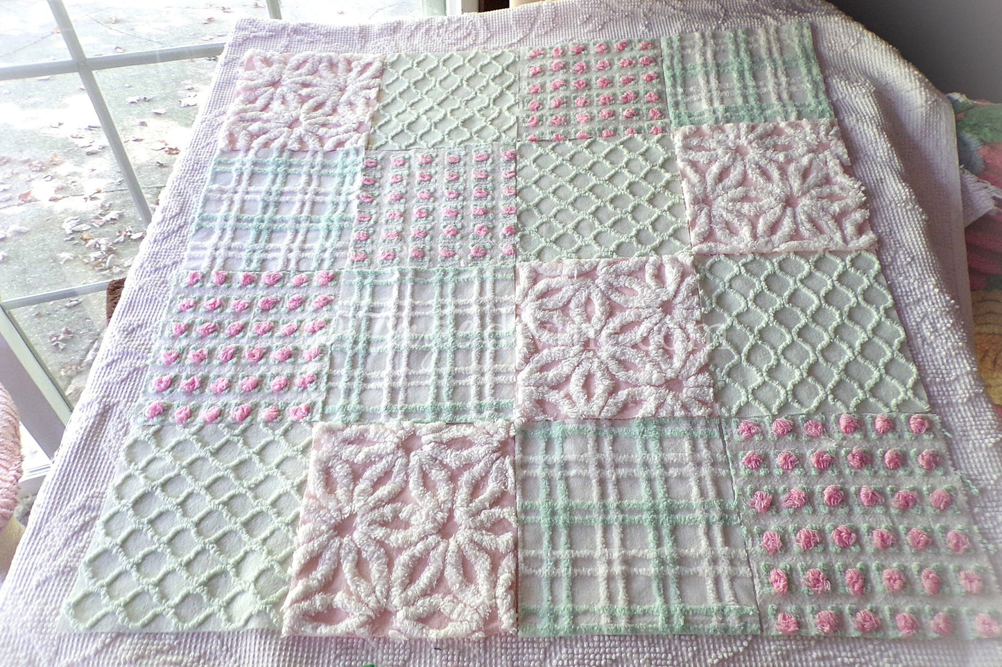 Picnic Time Chenille Quilt Squares Set from Vintage Bedspread Fabric, 16 Blocks, 6" x 6" inches each, Pretty Green, White, Pink Rosebud