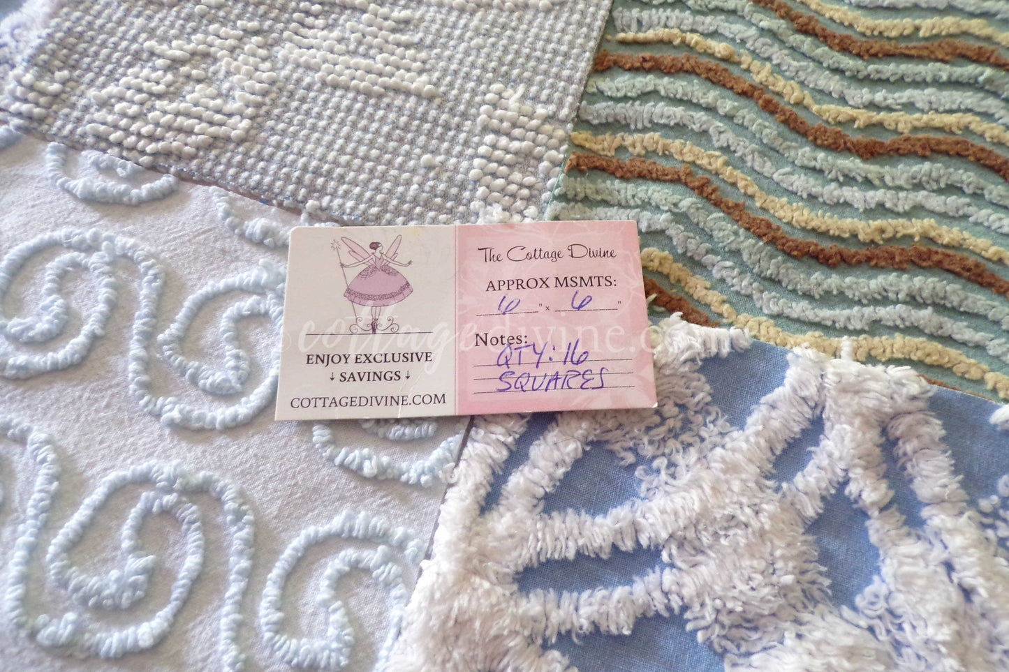 Breezy Blues Fabric Squares from Vintage Chenille Bedspread Fabrics, 17 Blocks Set, 6" x 6" inch, for Slow Stitching, Junk Journals, Quilt