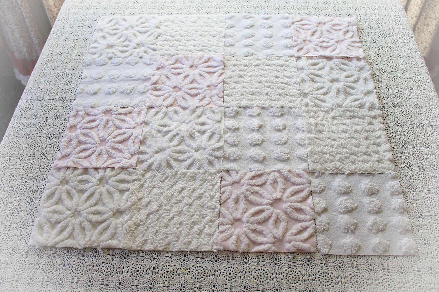 Baby's Breath Chenille Fabric Squares Set in White & Pink, Cut from Vintage Chenille Bedspread Material, 16 Blocks, 6" x 6" inch each