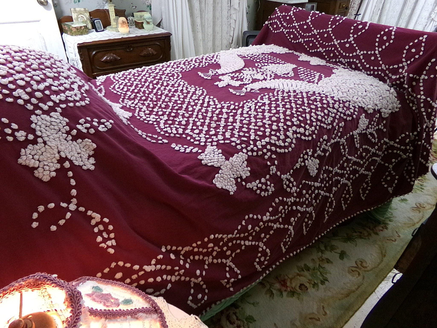 Antique Peacock Chenille Bedspread, Shabby Vintage Victorian Handmade Coverlet in Deep Wine with Snow White Tufting, Full Size Bedding