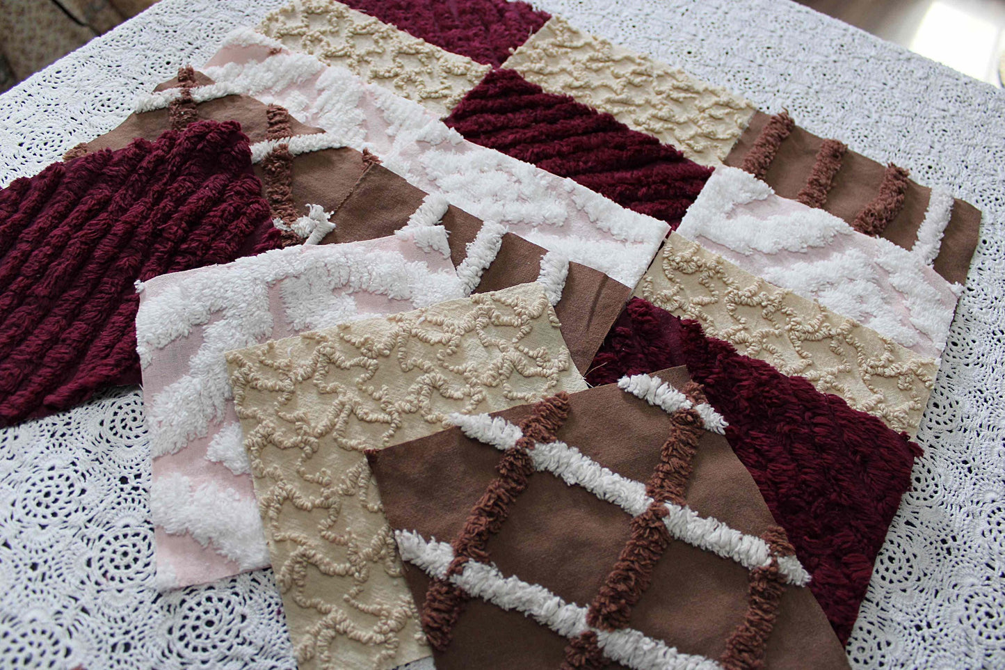 chocolate raspberry chenille fabric squares, 16 vintage quilt blocks, 6" x 6" inches ea, great shades of brown, merlot, mocha, white