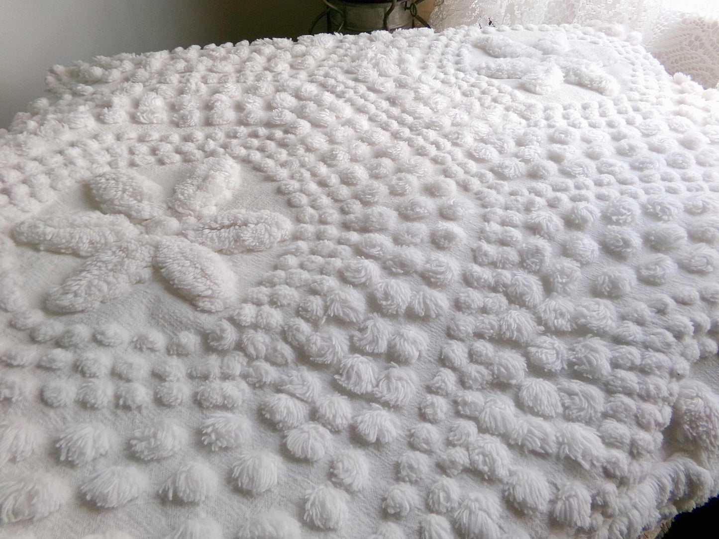 sweet stars 3D vintage chenille fabric, 100% cotton antique white sewing material for pillows, handmade chenille quilts, 28" x 18" cut piece