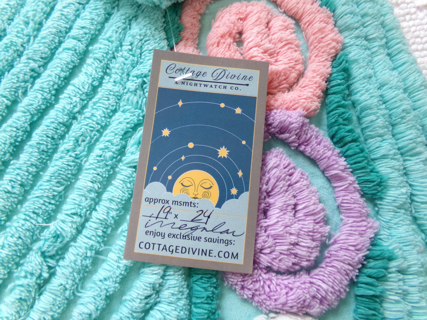 vintage plush aqua chenille fabric, rainbow lollipop roses design, 19" x 24" piece of sewing material