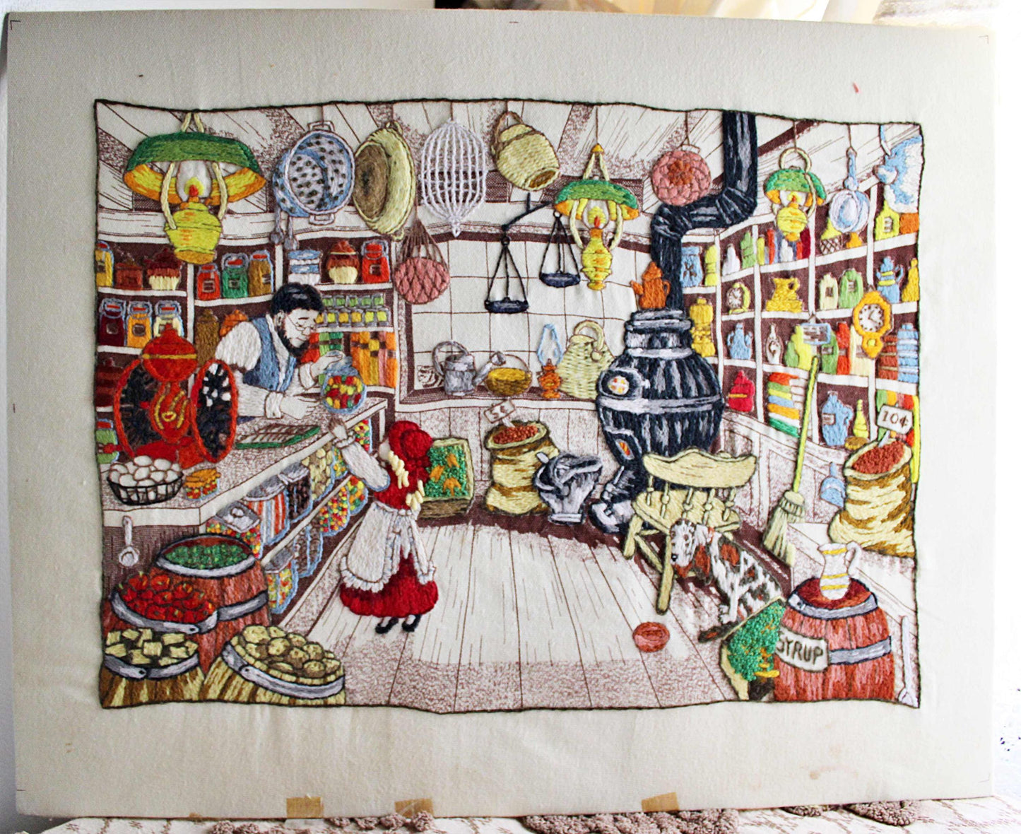 Old-Fashioned Country Store Crewel Embroidery Piece, "Penny Candy"" Completed Stitchery, Vintage Paragon Needlecraft, Outstanding Needlework