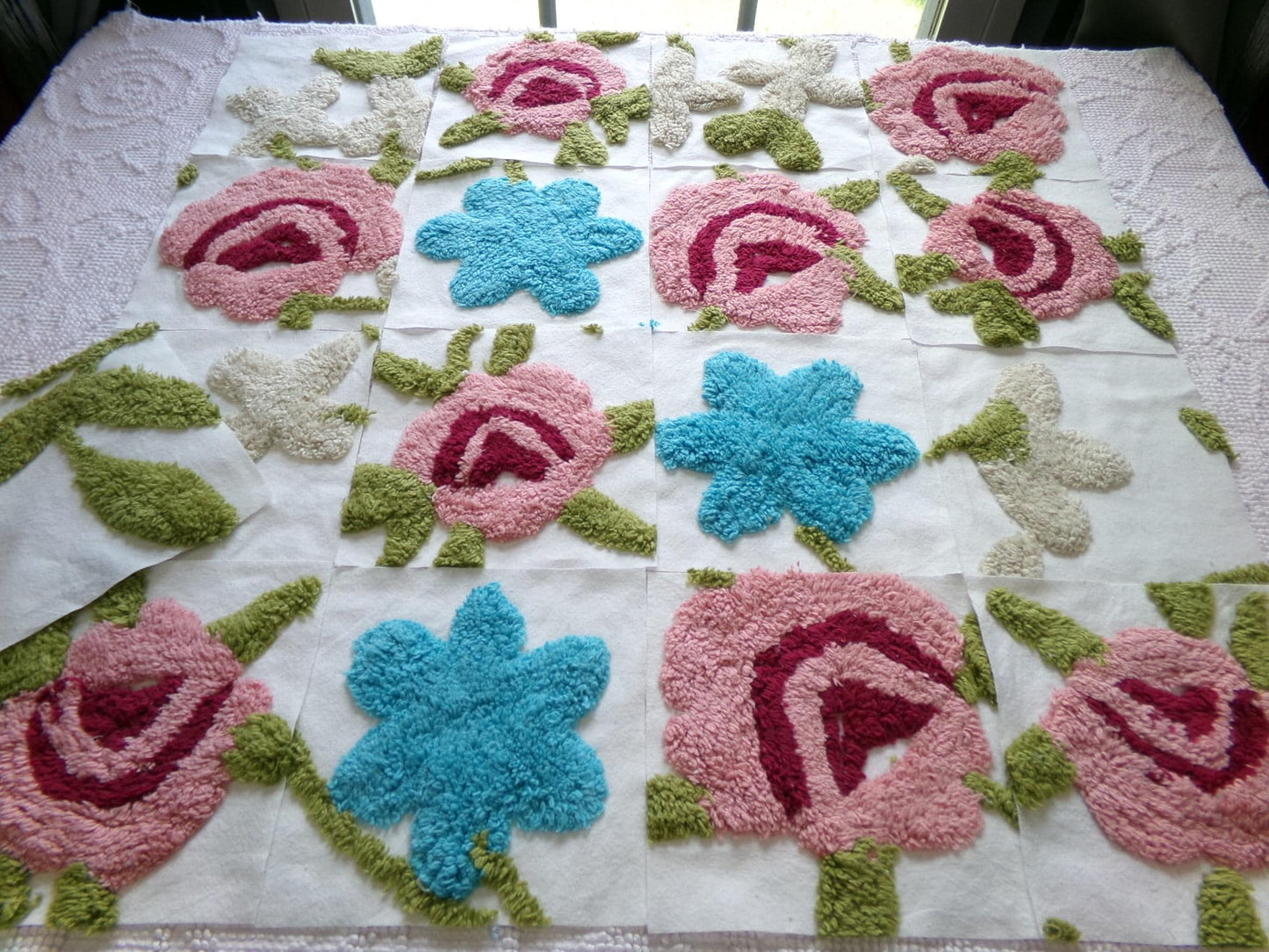 flower petals chenille fabric squares, set of 17 vintage style floral 6" craft blocks, pretty designs for quilt inlays, pillows, fiber arts