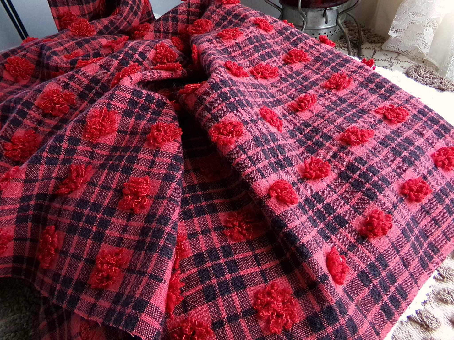 Midnight Black Tartan Plaid Vintage Chenille Bedspread Fabric, Tufted Deep Red Dots, 19" x 26" inch Piece, Lightweight Quilt Material