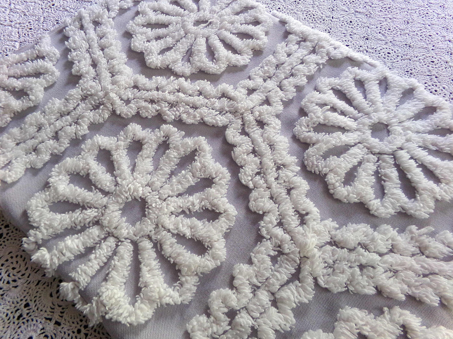 lavender mist cottage chic chenille fabric, plush white daisies, 17" x 26" piece of vintage sewing material for quilting, fiber arts