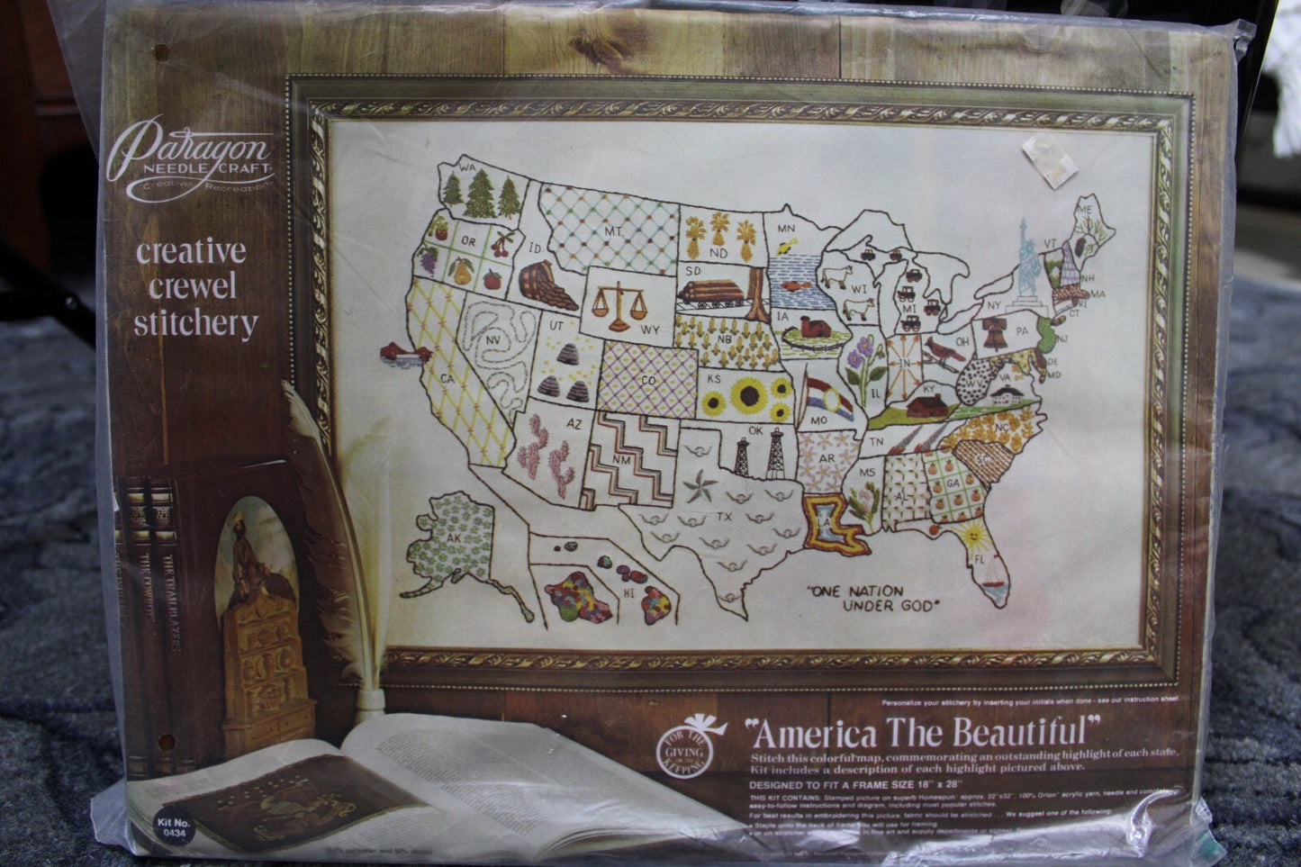 AMERICA THE BEAUTIFUL Vtg Crewel Embroidery Kit USA Map Paragon Stitchery 0434