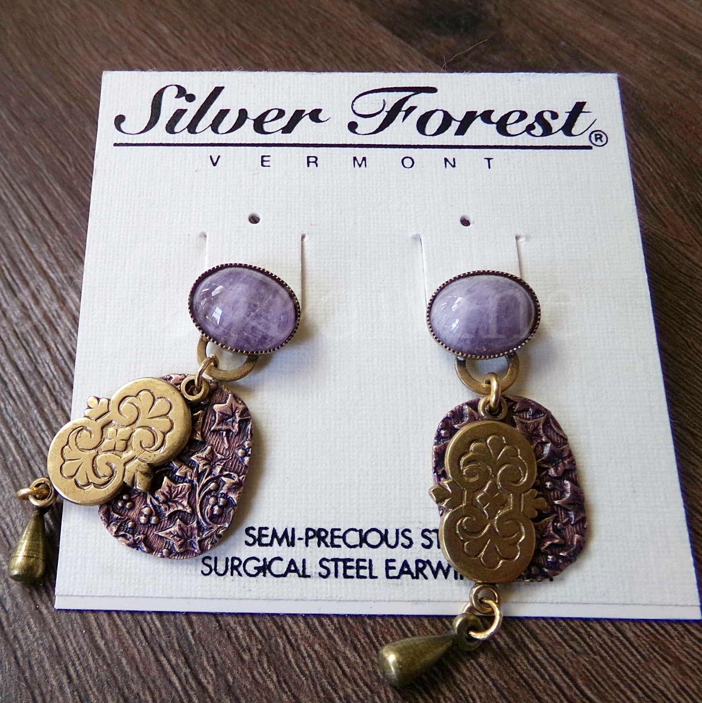Amethyst Ivy Pierced Dangle Earrings, Artsy Boho Vintage Style Silver Forest Vermont Design, Semi-Precious Stones