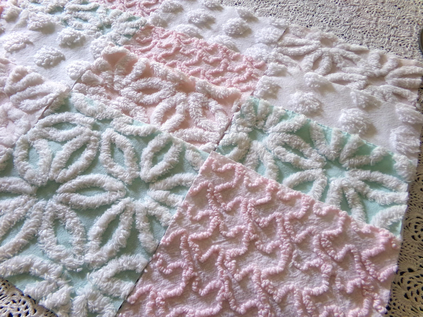 Beautiful Aqua & Pink Chenille Quilt Squares Set from Vintage Bedspread Fabric, 16 Blocks, 6" x 6" inch, Daisy, Squiggle, Polka Dot Patterns