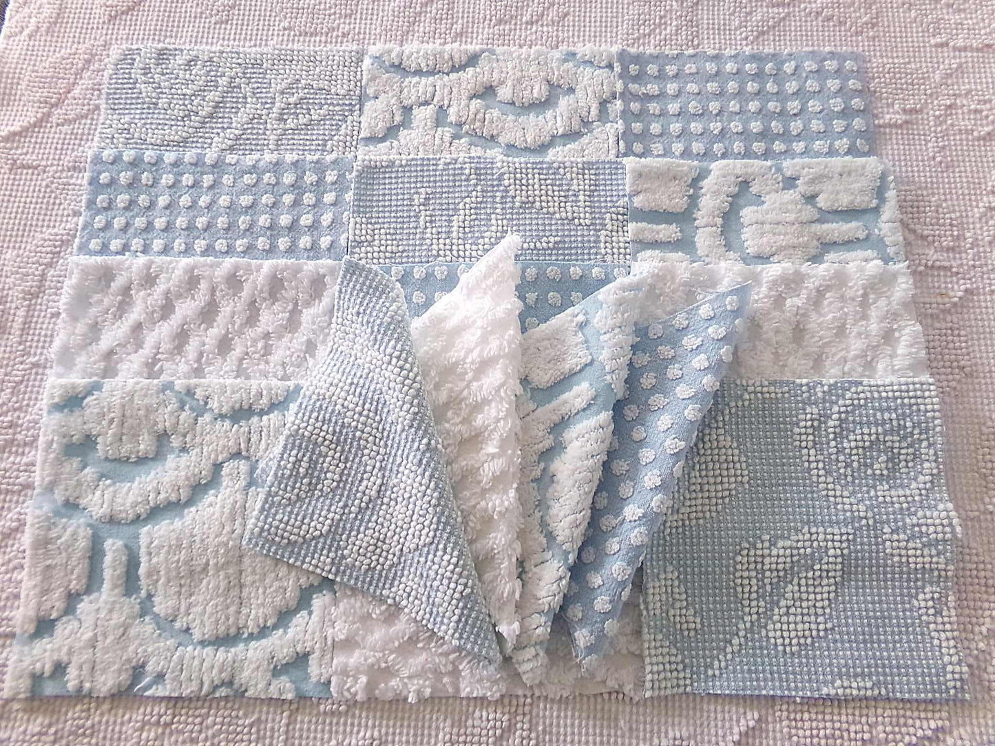 seaside chill chenille fabric squares, 16 vintage blue & white quilt blocks 6" x 6" inch, for pillows, quilting, crafts