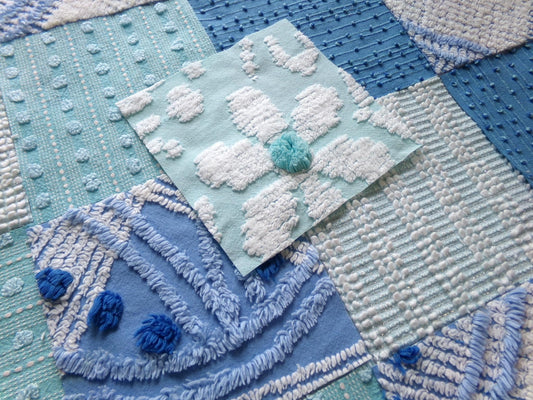 moonlit mermaid chenille fabric squares, assorted set of 17 vintage blue & aqua 6" craft blocks, for quilt inlays, pillows, fiber arts
