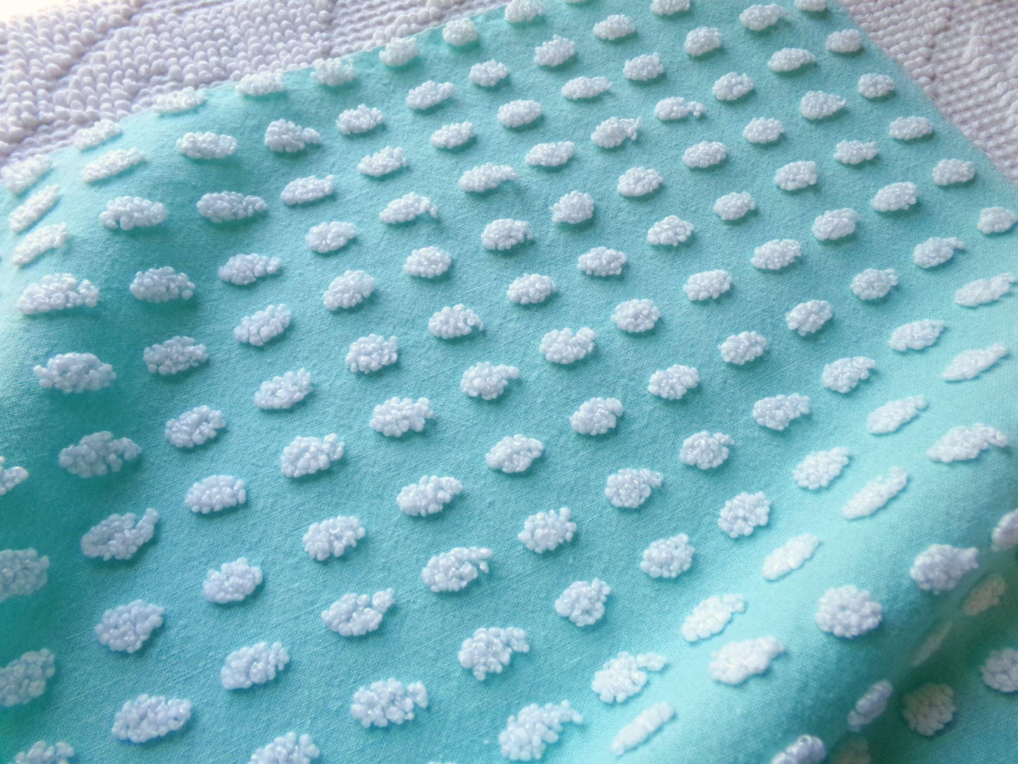 nubby elongated pops vintage chenille fabric, shabby unique 18" x 24" cut piece, white dots on aqua teal lightweight cotton