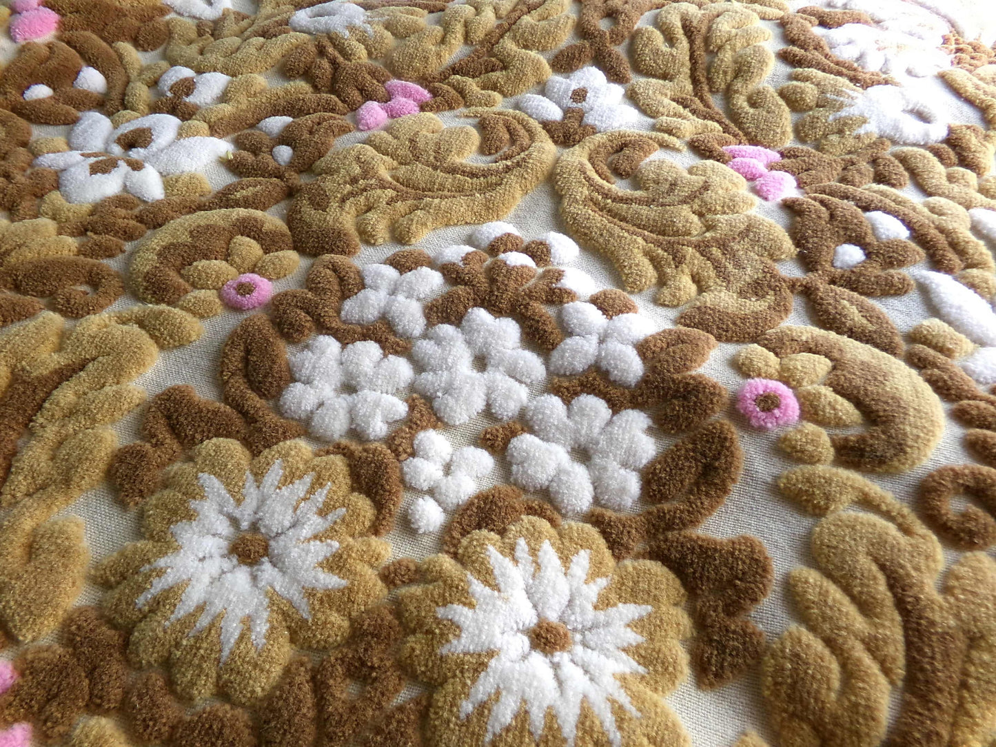 lux caramel chocolate cut velvet fabric, vintage Bates tapestry chenille, 12" x 21" inch piece, ideal sewing material for small bags