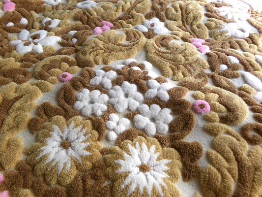 lux caramel chocolate cut velvet fabric, vintage Bates tapestry chenille, 12" x 21" inch piece, ideal sewing material for small bags