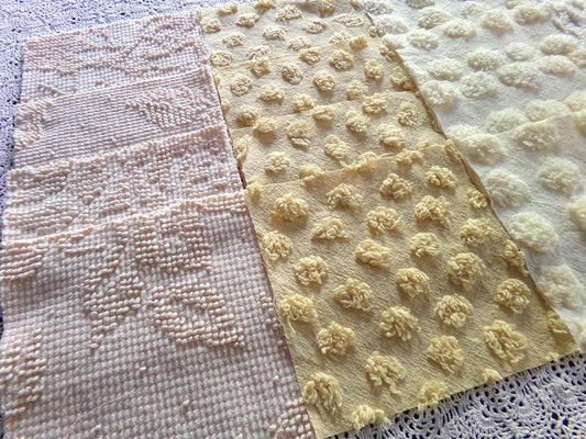 golden sands vintage chenille 6" squares, warm natural colors, set of 16 quilt fabric blocks rotary cut from vintage chenille bedspreads
