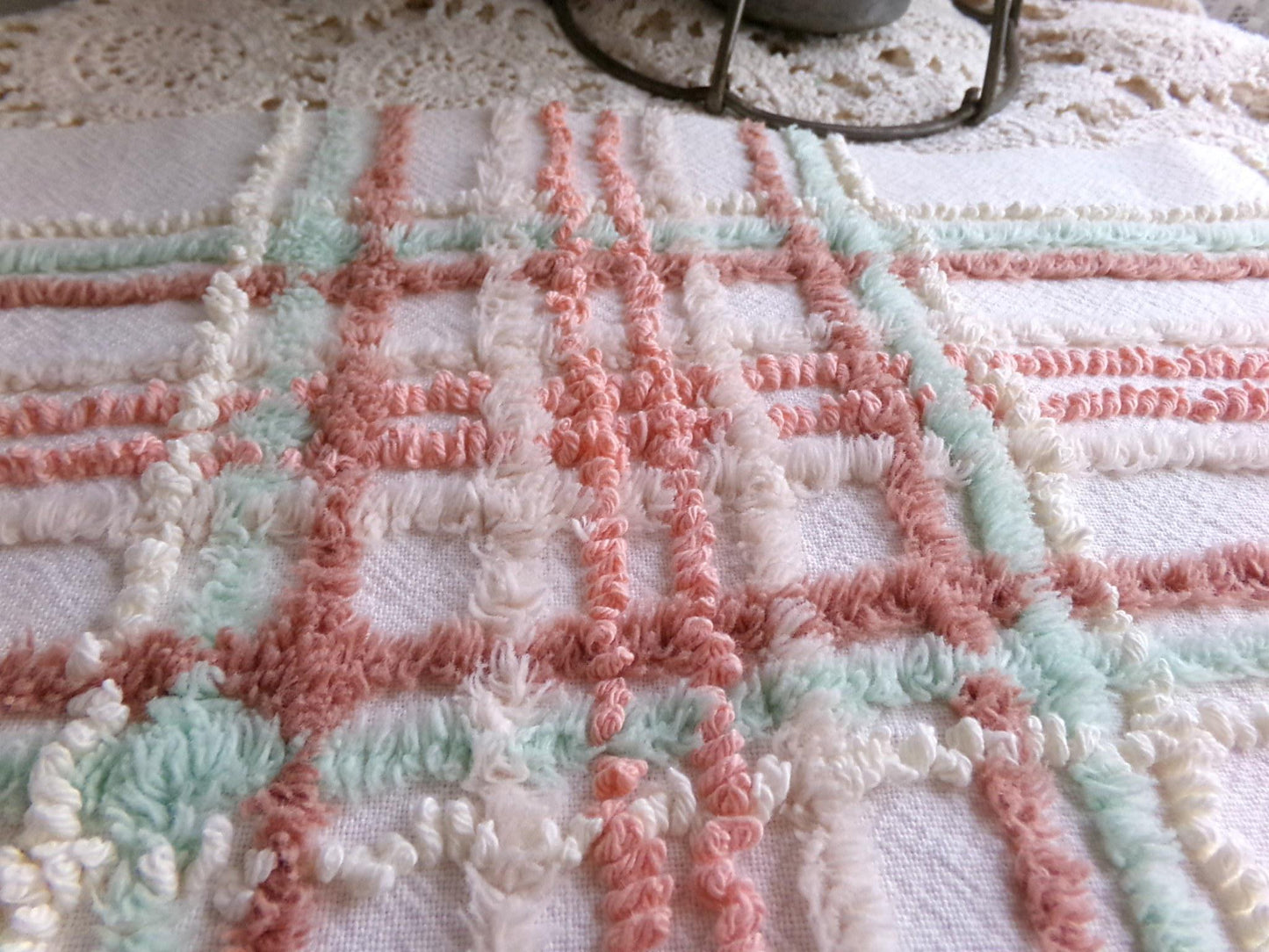 cottage plaid vintage chenille fabric: country style sewing material, 18" x 27" piece