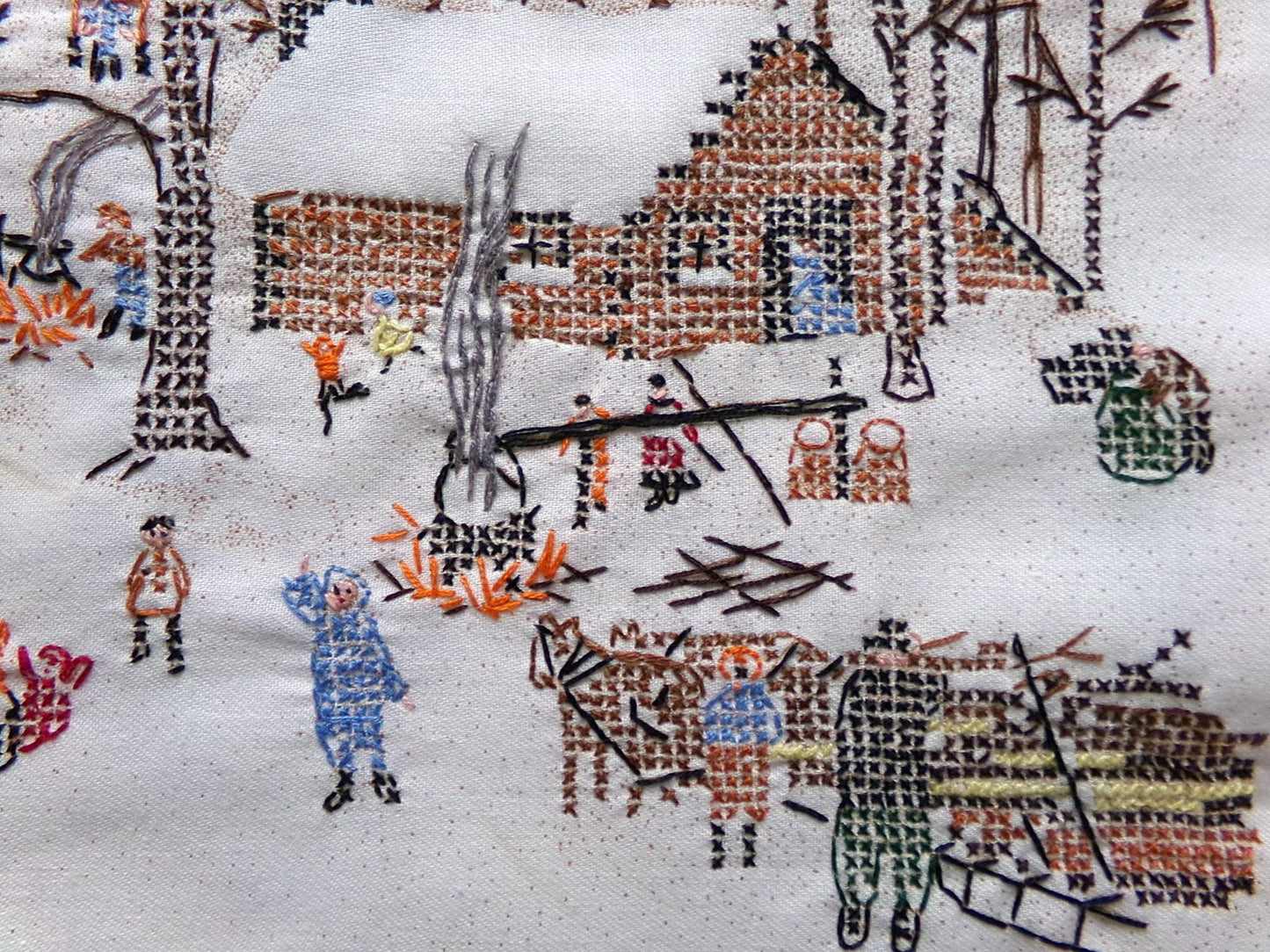 Grandma Moses SUGARING OFF Completed Cross Stitch Embroidery Paragon Stitchery 0210 - Rustic Country Winter Scene