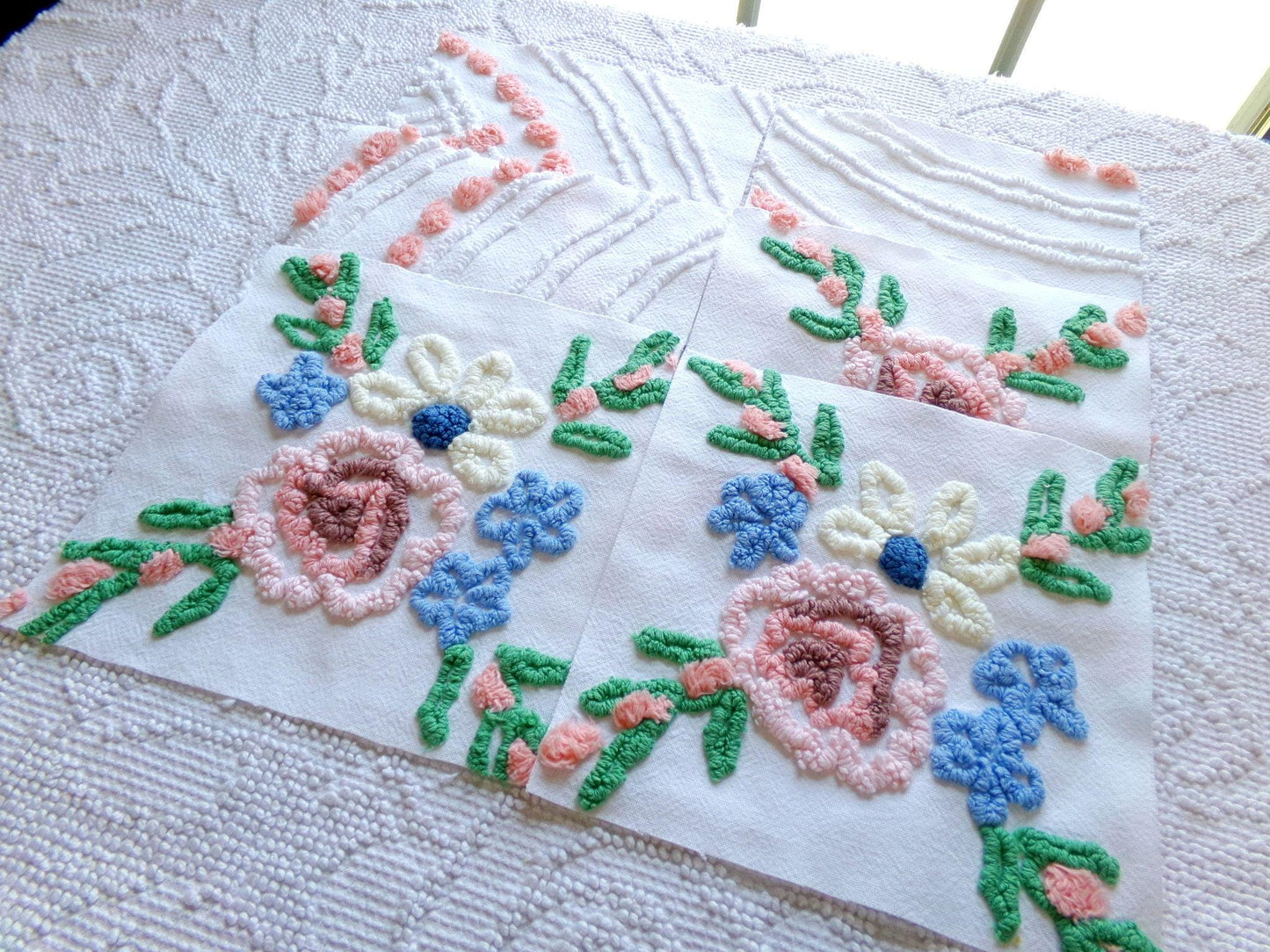 vintage 7.5" chenille fabric squares, set of 6 cottage style quilt blocks, peach, white rose floral & geometric for sewing, crafts, quilting