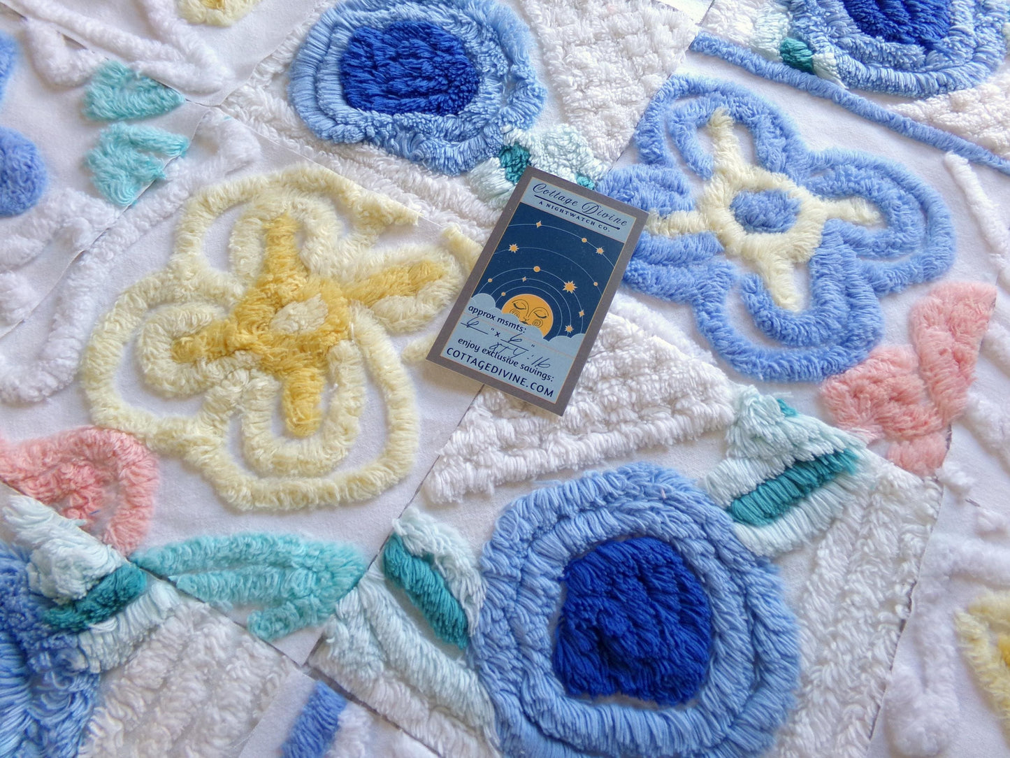 vintage 6" chenille fabric squares, set of 16 quilt blocks, blooming blue flowers