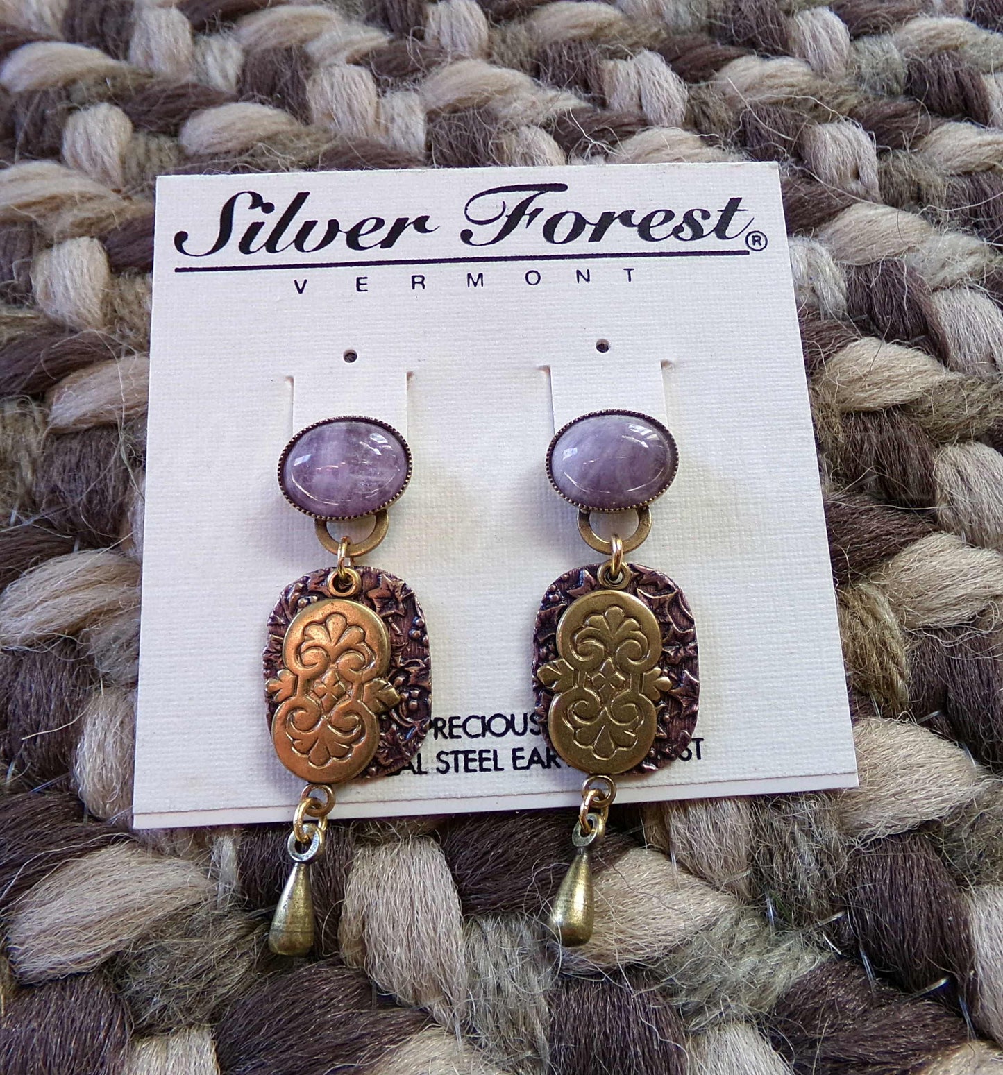 Amethyst Ivy Pierced Dangle Earrings, Artsy Boho Vintage Style Silver Forest Vermont Design, Semi-Precious Stones