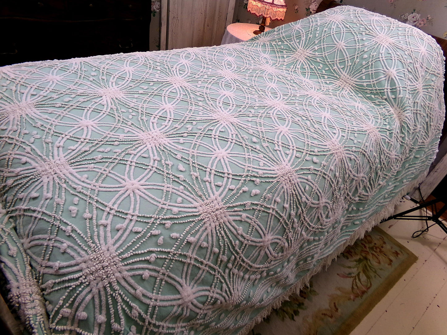 jade green pink rose vintage chenille bedspread, beautiful twin size shabby chic style bedding, great as a summer cottage coverlet