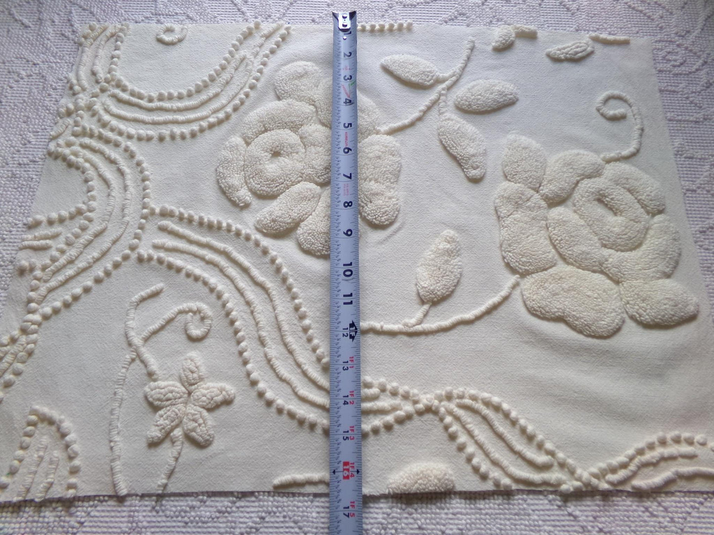 stylized ivory roses vintage chenille fabric, 100% cotton 16" x 21" cut piece w/ sprawling heavily tufted rose design for crafts, sewing