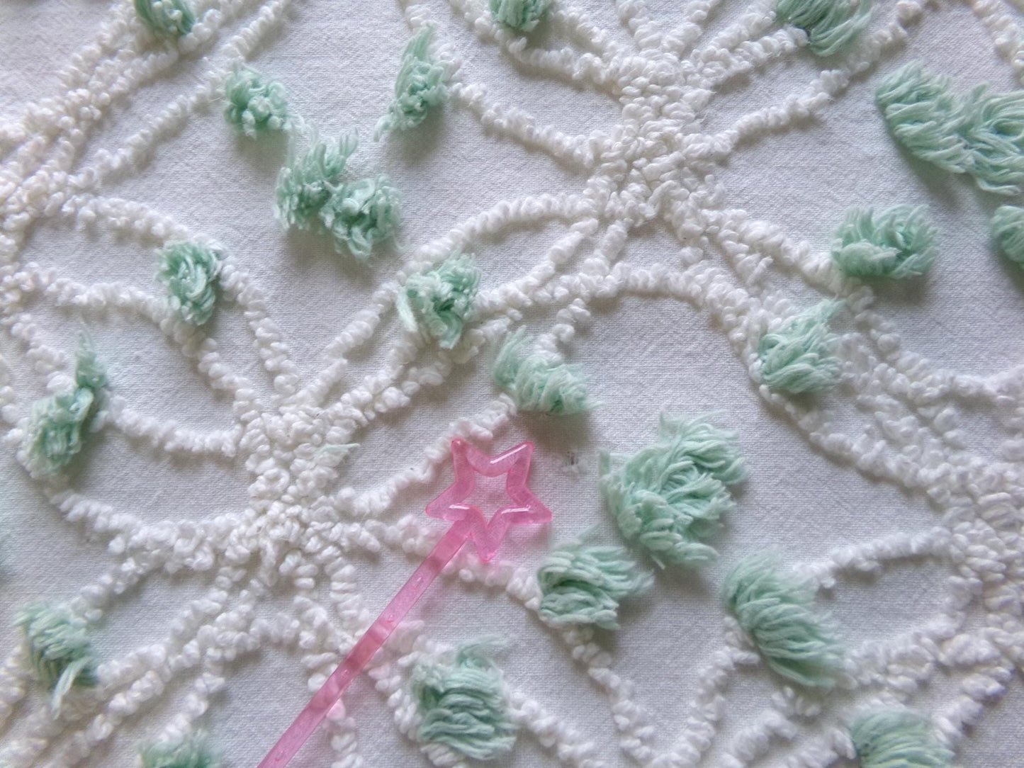 Breezy White Vintage Chenille Fabric, 15" x 25" Piece, Needletuft Wedding Rings with Mint Green Pops