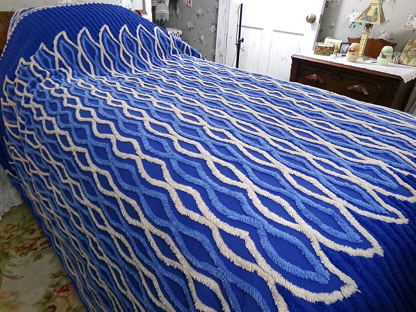 blue flame vintage chenille bedspread, dramatic unique geometric design, full size cotton bedding