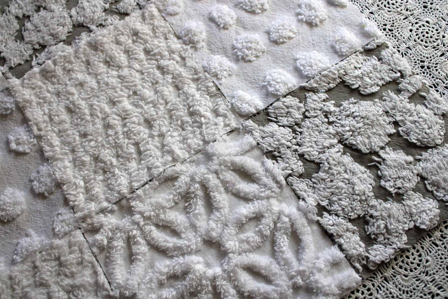 Blizzard Chenille Quilt Squares Set, Rotary Cut from Vintage Chenille Bedspread Fabric, 16 Blocks, 6" x 6" inch each