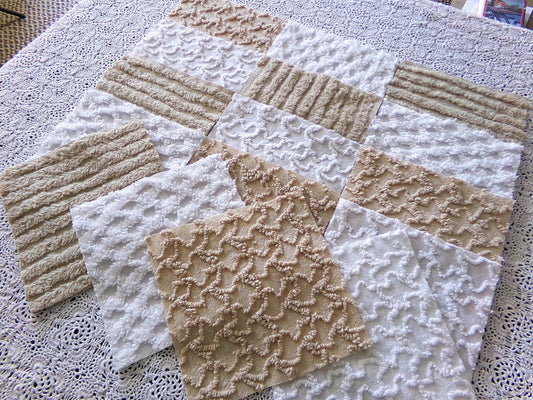 On Trend Neutral Chenille Fabric Squares for Quilting & Crafts in Versatile Sand, Vintage Mocha, White - 16 Rotary Cut Blocks, 6" x 6" inch