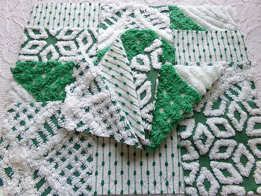 preppy green chenille fabric squares, set of 16 vintage 6" craft blocks, geometric designs for quilt inlays, pillows, fiber arts