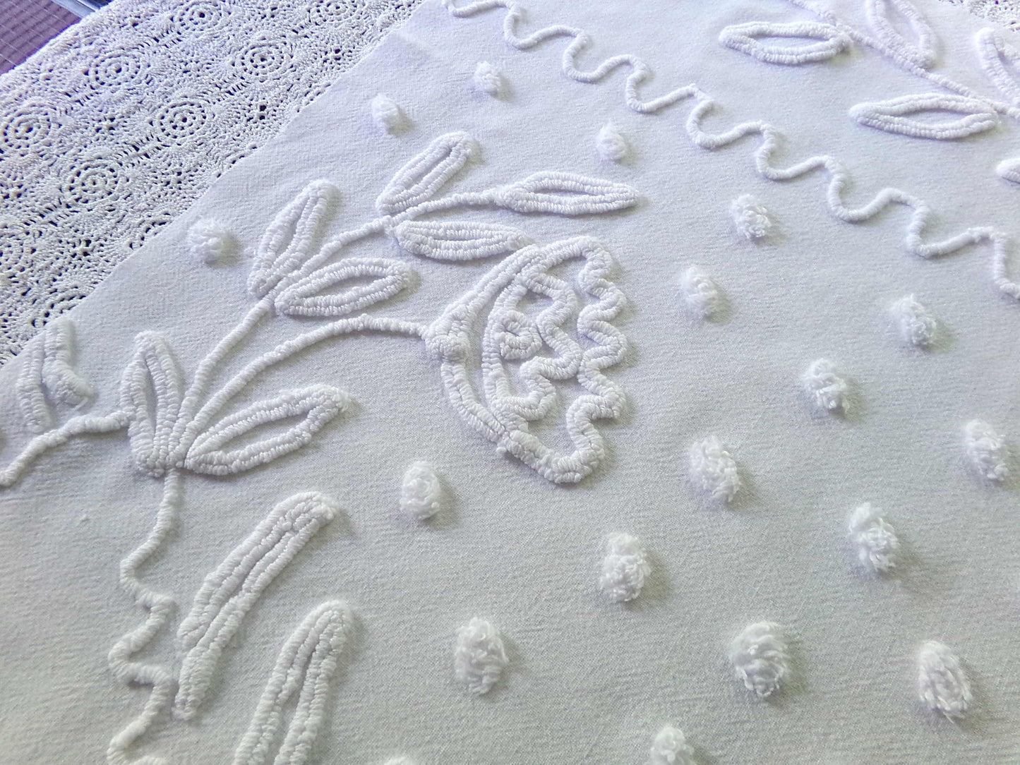 Farmhouse Floral White Vintage Chenille Fabric, 20" x 23" inch Piece, Timeless & Elegant