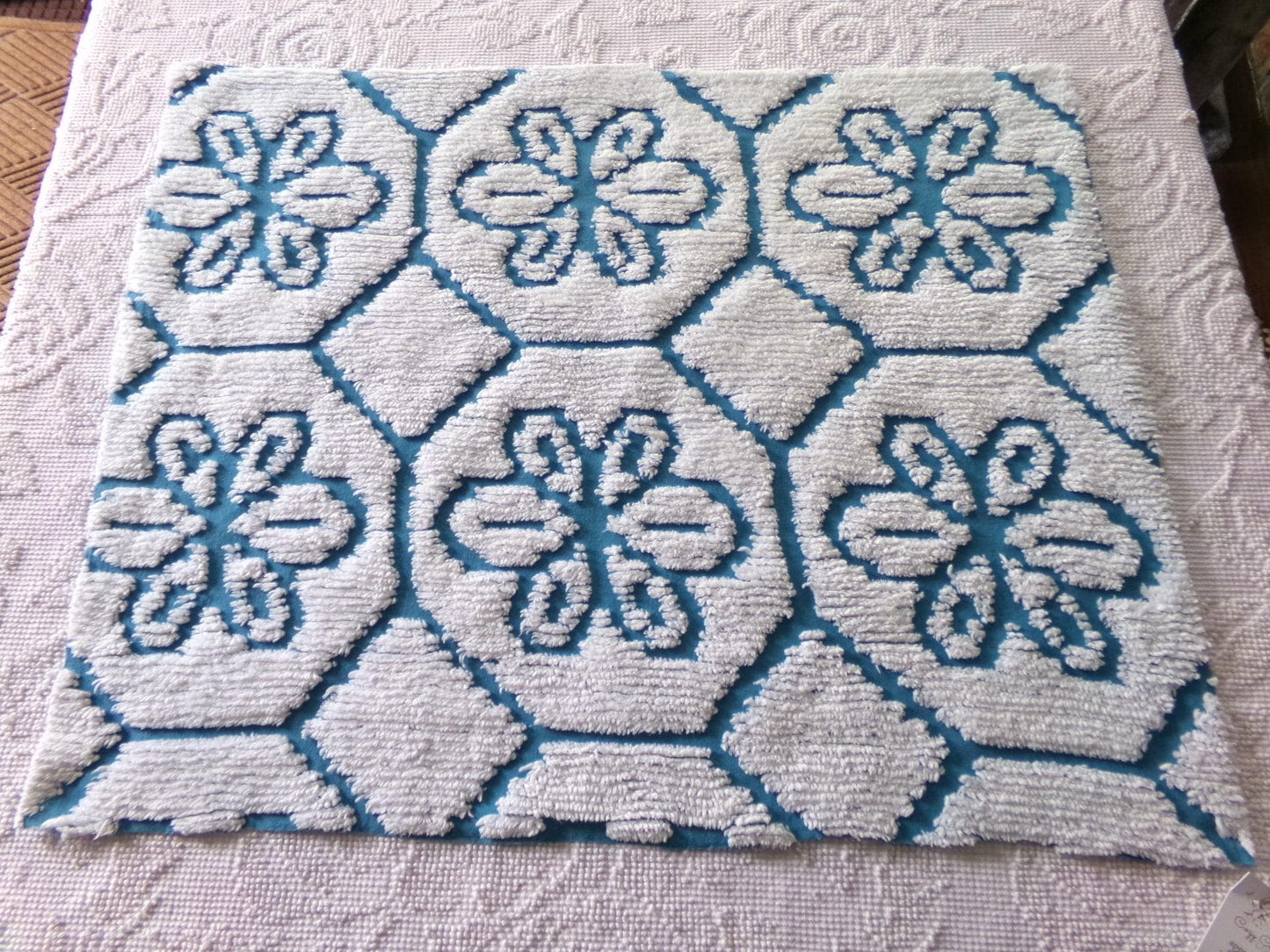 sea glass blue vintage fabric, texturized white daisy block design, 20" x 25" piece of sewing material cut from chenille bedspread