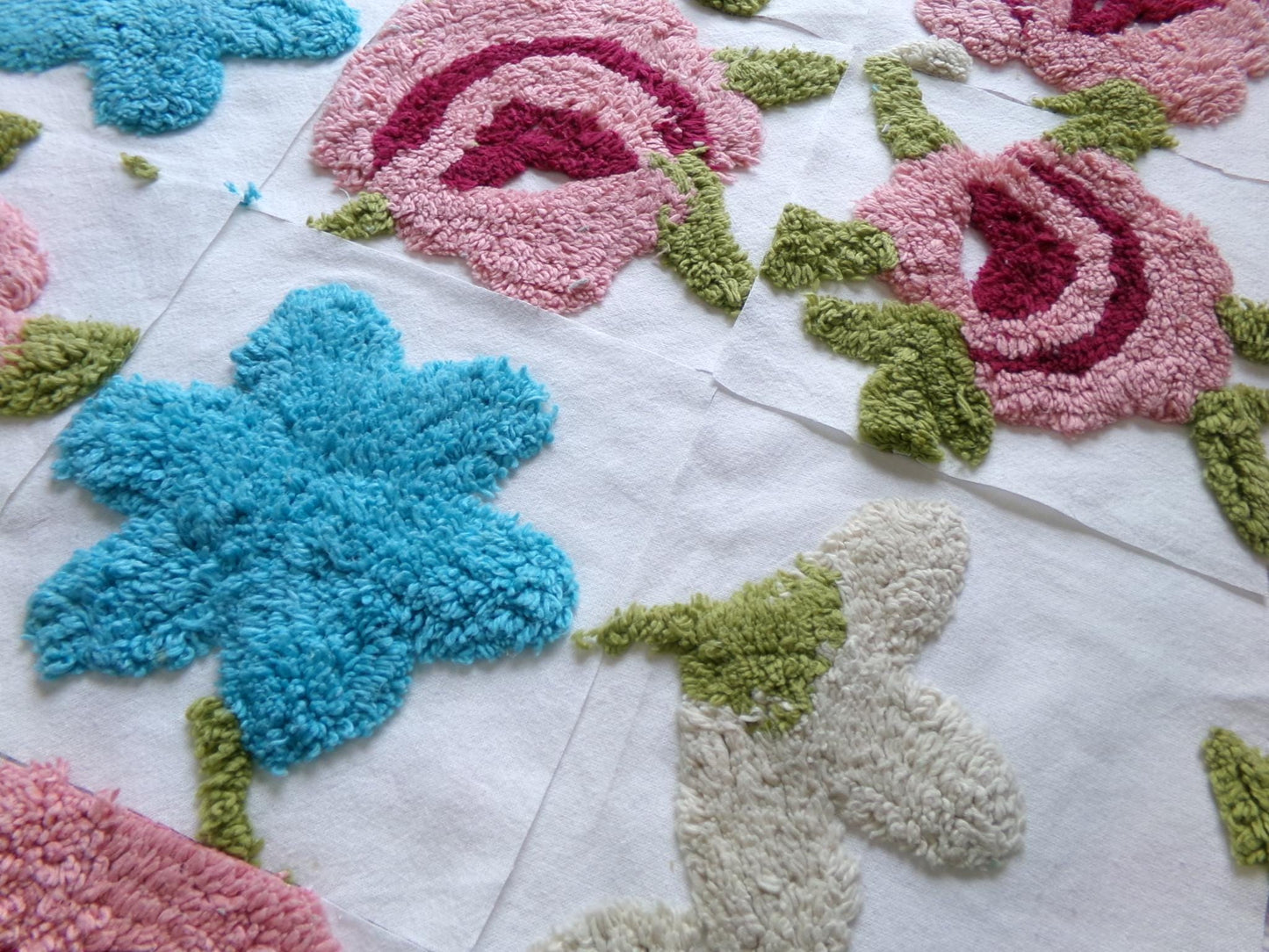 flower petals chenille fabric squares, set of 17 vintage style floral 6" craft blocks, pretty designs for quilt inlays, pillows, fiber arts