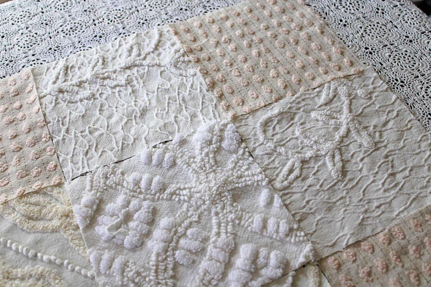 Vintage Matelasse & Chenille Fabric Squares, Heavenly Cream Set of 16 Blocks, 6" Each for Quilts, Crafts